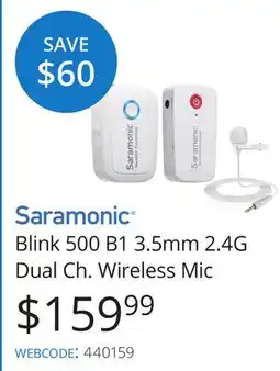 Vistek Saramonic Blink 500 B1 3.5mm 2.4G Dual Ch. Wireless Mic offer