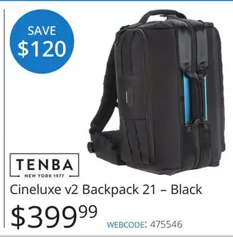 Vistek TENBA Cineluxe v2 Backpack 21-Black offer