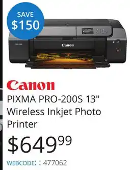 Vistek Canon PIXMA PRO-200S 13 Wireless Inkjet Photo Printer offer