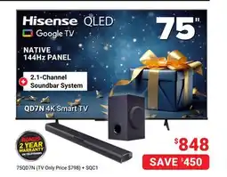 Visions Electronics Hisense 75 45 Smart TV + 2.1 Channel Soundbar System offer