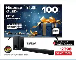 Visions Electronics Hisense 100 4K Mini-QLED 144Hz Fire TV OS Smart TV (2025) + Yamaha SRC30A offer