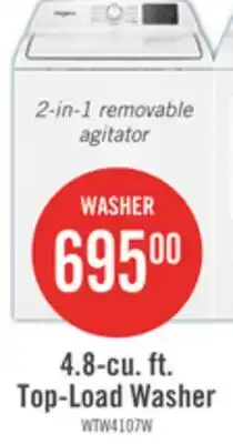 The Brick Whirlpool 4.8 Cu. Ft. Top Load Washer with 2-in-1 Removable Agitator - WTW4107SW offer