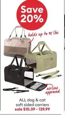 Petsmart Save 20% ALL dog & cat soft sided carriers offer