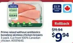 Walmart Prime raised without antibiotics boneless skinless chicken breasts offer