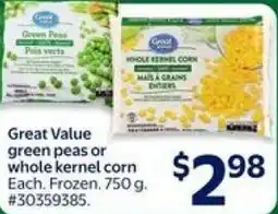 Walmart Great Value green peas or whole kernel corn offer