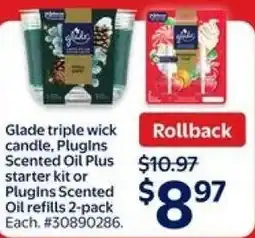 Walmart Glade triple wick candle, Plugins Scented Oil Plus starter kit or Plugins Scented Oil refills offer