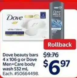 Walmart Dove beauty bars 4 x 106 g or Dove Men+Care body wash offer