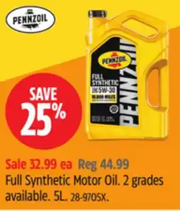 Canadian Tire Pennzoil Full Synthetic Motor Oil. 2 grades available. 5L offer