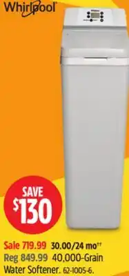 Canadian Tire Whirlpool 40,000-Grain Water Softener offer