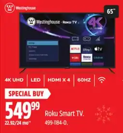 Canadian Tire westinghouse Roku 65 Smart TV offer