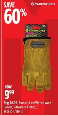 Canadian Tire Suede Lined Winter Work Gloves, Canvas or Fleece, L offer