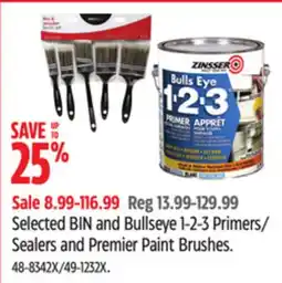 Canadian Tire Selected BIN and Bullseye 1-2-3 Primers/ Sealers and Premier Paint Brushes offer