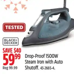 Canadian Tire Black+Decker Drop-Proof 1500W Steam Iron with Auto Shutoff offer