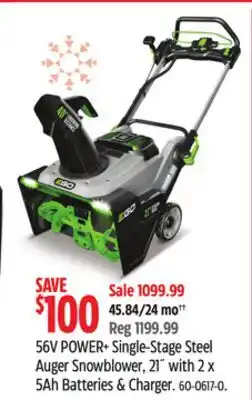 Canadian Tire 56V POWER+ Single-Stage Steel Auger Snowblower offer