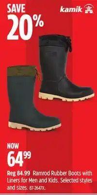 Canadian Tire Kamik Ramrod Rubber Boots with Liners for Men and Kids offer