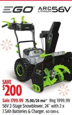 Canadian Tire EGO 56V 2-Stage Snowblower, 24 with 2 x 7.5Ah Batteries & Charger offer