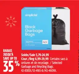 Canadian Tire Simplicité Selected Garbage and Reycling Bags offer