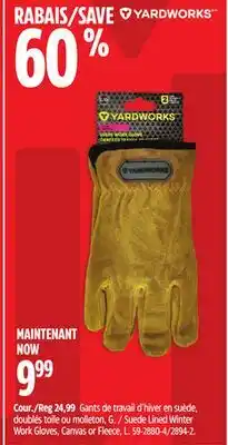 Canadian Tire Yardworks Suede Lined Winter Work Gloves offer