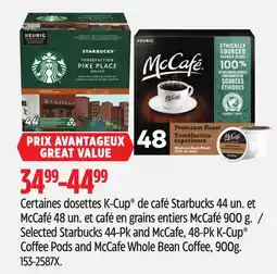 Canadian Tire Selected Starbucks 44-Pk and McCafe, 48-Pk K-Cup Coffee Pods and McCafe Whole Bean Coffee, 900g offer