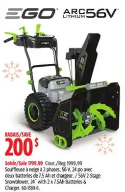 Canadian Tire EGO 56V 2-Stage Snowblower, 24 with 2 x 7.5 Ah Batteries & Charger offer