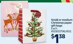 Walmart Small or medium Christmas paper gift bags offer