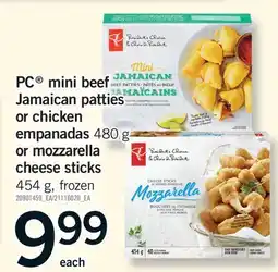 Fortinos PC MINI BEEF JAMAICAN PATTIES OR CHICKEN EMPANADAS, 480 g or MOZZARELLA CHEESE STICKS, 454 g offer