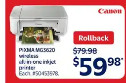 Walmart PIXMA MG3620 wireless all-in-one inkjet printer offer