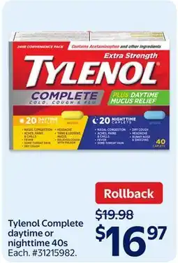 Walmart Tylenol Complete daytime or nighttime 40s offer