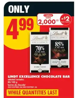 No Frills LINDT EXCELLENCE CHOCOLATE BAR, 80/100 g offer