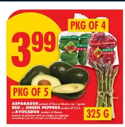 No Frills ASPARAGUS, 325 G, RED or GREEN PEPPERS, PKG OF 4, AVOCADOS, PKG OF 5 offer