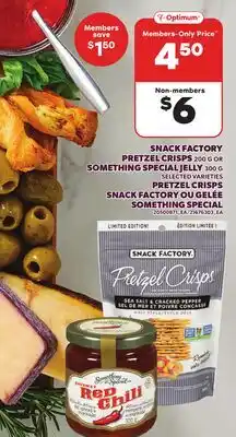 Independent Grocer SNACK FACTORY PRETZEL CRISPS 200 G OR SOMETHING SPECIAL JELLY 300 G offer