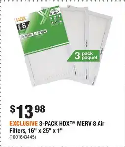 Home Depot EXCLUSIVE 3-PACK HDX MERV 8 Air Filters, 16 x 25 x 1 offer