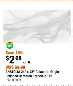 Home Depot ANATOLIA 24 x 48 Calacatta Grigio Polished Rectified Porcelain Tile offer