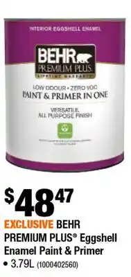 Home Depot BEHR PREMIUM PLUS Eggshell Enamel Paint & prime offer