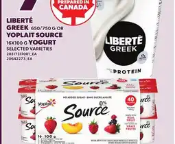 Loblaws LIBERTÉ GREEK, 650/750 G OR YOPLAIT SOURCE, 16X100 G YOGURT offer