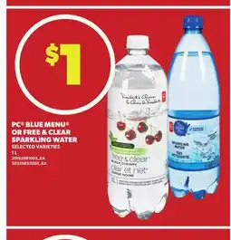 Loblaws PC BLUE MENU OR FREE & CLEAR SPARKLING WATER, 1L offer