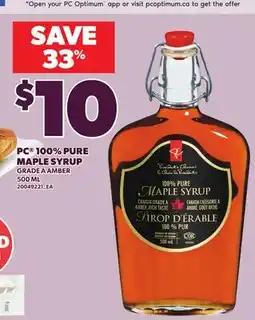 Loblaws PC 100% PURE MAPLE SYRUP, 500 ML offer