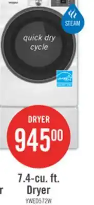 The Brick Whirlpool 7.4 Cu. Ft. Smart Electric Dryer with Wrinkle Shield - White - YWED5720RW offer