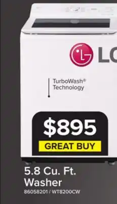 Leon's LG White Mega Capacity Smart Top Load Washer with AI Sensing (5.8 Cu. Ft) - WT8200CW offer