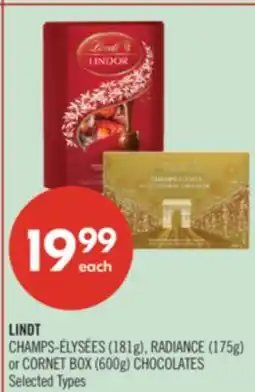 Shoppers Drug Mart LINDT CHAMPS-ÉLYSÉES (181g), RADIANCE (175g) or CORNET BOX (600g) CHOCOLATES offer