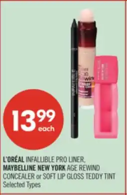 Shoppers Drug Mart L'ORÉAL INFALLIBLE PRO LINER, MAYBELLINE NEW YORK AGE REWIND CONCEALER or SOFT LIP GLOSS TEDDY TINT offer