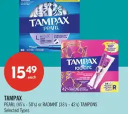 Shoppers Drug Mart TAMPAX PEARL (45's - 50's) or RADIANT (38's - 42's) TAMPONS offer