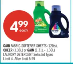 Shoppers Drug Mart GAIN FABRIC SOFTENER SHEETS (120's), CHEER (1.36L) or GAIN (1.31L - 1.36L) LAUNDRY DETERGENT offer