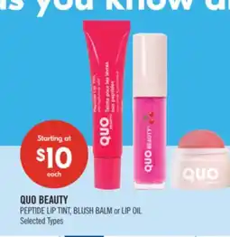 Shoppers Drug Mart QUO BEAUTY PEPTIDE LIP TINT, BLUSH BALM or LIP OIL offer