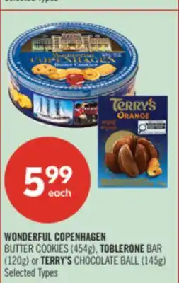 Shoppers Drug Mart WONDERFUL COPENHAGEN BUTTER COOKIES (454g), TOBLERONE BAR (120g) or TERRY'S CHOCOLATE BALL (145g) offer