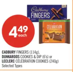Shoppers Drug Mart CADBURRY FINGERS 114g DUNKAROOS COOKIES & DIP 6's or LECLERC CELEBRATION COOKIES 240g offer