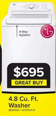 Leon's LG White Top Load Washer with Agitator and SlamProof Glass Lid (4.8 Cu. Ft) -WT6105CW offer