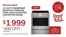 Goemans Appliances KITCHENAID 5.3 CU. FT. FINGERPRINT RESISTANT STAINLESS STEEL SLIDE-IN ELECTRIC CONVECTION RANGE offer