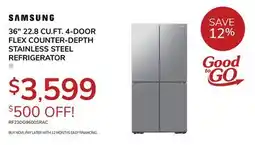 Goemans Appliances SAMSUNG 36 22.8 CU. FT. 4-DOOR FLEX COUNTER-DEPTH STAINLESS STEEL REFRIGERATOR offer