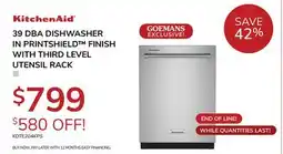 Goemans Appliances KITCHENAID 39 DBA DISHWASHER IN PRINTSHIELD FINISH WITH THIRD LEVEL UTENSIL RACK offer